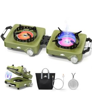 2 Propane Burners Camping Stove, 30,000 BTU Folding Camp Stove with Windproof Grates and Frying Pan, Portable Camping Stoves with Carrying Bag, Camping Essentials for Tailgating/Grilling/Coffee, Green