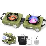 2 Propane Burners Camping Stove, 30,000 BTU Folding Camp Stove with Windproof Grates and Frying Pan, Portable Camping Stoves with Carrying Bag, Camping Essentials for Tailgating/Grilling/Coffee, Green