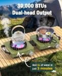 2 Propane Burners Camping Stove, 30,000 BTU Folding Camp Stove with Windproof Grates and Frying Pan, Portable Camping Stoves with Carrying Bag, Camping Essentials for Tailgating/Grilling/Coffee, Green