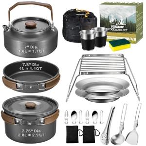 18Pcs Camping Cookware Mess Kit, Joyfair 7.8” Nonstick Camp Cooking Utensil Set (Pot, Pan, Kettle, Grill Grate), Outdoor Backpacking Gear Open Fire Essentials Accessories, Compact/Portable/Lightweight