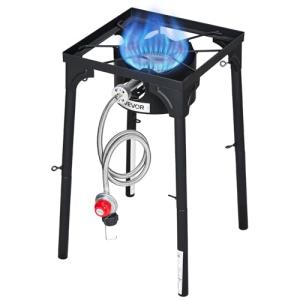 VEVOR Single Burner Outdoor Propane Gas Stove, 100,000 BTU Propane LPG Gas Camping Stove, Heavy Duty Carbon Steel Outdoor Cooker, with Tall Stand & PSI Regulator, for BBQ Camp Home Patio RV Cooking