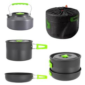 aiGear Camping Cooking Set Cookware Mess Kit with Storage Bag Pot Pan and Teapot Set Camping Accessories for Outdoor Camping Hiking Picnic Portable and Lightweight Aluminum Color Green (CC01GN05)