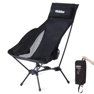 Wildhiker Portable Compact Folding Camping Chairs – Lightweight High Back with Pillow, Deep Recline, ArmPads, Side Pockets-for Motorcycle, RV, Backpacking, Travel, Festival – Black