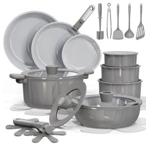 CAROTE 27pcs Ceramic Cookware Set Nonstick, Pots and Pans Set Non stick, Non Toxic Cookware, Dishwasher/Oven Safe, RV/Camping Cookware Set, Pan and Pot with Kitchen Utensils, Dark Gray
