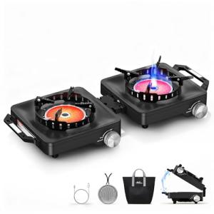 MoKo Propane Camping Stove 2 Burner, 36,000 BTU Infrared & Open Flame Hybrid, Windproof Folding Portable Outdoor Gas Cooking Kit with Frying Pan & Carry Bag For RV, Tailgating, Survival, Black