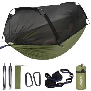Sunyear Camping Hammock Tent - Portable Hammocks with Mosquito Net (Single/Double, 500lbs Capacity) - Anti-Rollover & Spacious Design with 2 Tree Straps for Hiking, Backpacking, Indoor/Outdoor Use