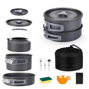 Alocs Camping Cookware, Camping Essentials with Accessories, Portable Camping Cooking Set Camping Gear for Outdoor Cooking, Backpacking, Hiking and Picnic., Dark Grey