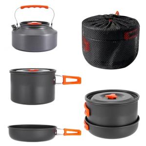 aiGear 3pcs Camping Cookware Mess Kit, Non-Stick Camping Pan Pot Kettle, Lightweight Aluminum, Collapsible Portable Camping Cooking Set for Outdoor Cooking Hiking Picnic, Orange (CC01OR05)