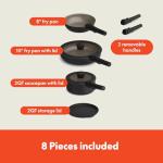 bella 8 Piece Removable Handle Cookware Set, Fits-anywhere™ Kitchenware w EverGood™ Ceramic Nonstick Coating​, Dishwasher & Oven Safe, All Stovetops Compatible, Glass Lids with Silicone Rims, Black
