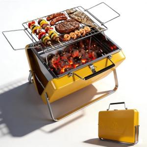 Flame Box Ranger Portable Charcoal Grill – Compact Lunchbox‑Style Folding BBQ for Camping, Beach & Tailgating | Dual‑Zone Heating, Stainless Steel Body, Quick Setup, Includes Tong & Cleaning Brush