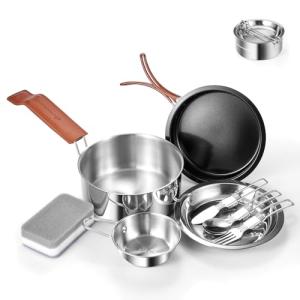 Odoland 10pcs Camping Cookware Stainless Steel Camping Pot and Pan Set with Plate Bowl Fork Knife Spoon for Backpacking, Hiking, Outdoor Cooking and Picnic