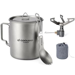 Odoland Titanium Camping Cookware 750ML Titanium Pot with Camping Stove and Spork Portable Pot for Backpacking, Hiking, Traveling and Picnic