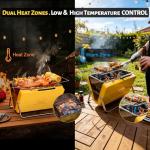 Flame Box Ranger Portable Charcoal Grill – Compact Lunchbox‑Style Folding BBQ for Camping, Beach & Tailgating | Dual‑Zone Heating, Stainless Steel Body, Quick Setup, Includes Tong & Cleaning Brush