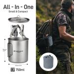 Odoland Titanium Camping Cookware 750ML Titanium Pot with Camping Stove and Spork Portable Pot for Backpacking, Hiking, Traveling and Picnic