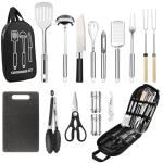 Camping Cooking Utensils Set, Stainless Steel Grill Tools, Camping BBQ Cookware Gear and Equipment for Travel Tenting RV Van Picnic Portable Kitchen Essentials Accessories (Black-16 PCS)
