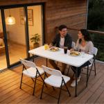 MAKE CHANGES Folding Table 4ft - Heavy Duty Fold-in-Half Plastic Table with Adjustable Height, Portable Utility Tables with Steel Legs for Indoor, Outdoor, Picnic, Camping, Dining, Party (White)