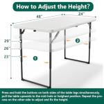 MAKE CHANGES Folding Table 4ft - Heavy Duty Fold-in-Half Plastic Table with Adjustable Height, Portable Utility Tables with Steel Legs for Indoor, Outdoor, Picnic, Camping, Dining, Party (White)