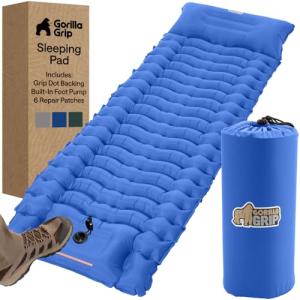 GORILLA GRIP Slip-Resistant Inflatable Sleeping Pad, Puncture Resistant Lightweight Camping Mattress, Foot Pump, Air Mats for Travel Backpacking, Inflating Bed Camp Sleep Pads for Tent, Blue