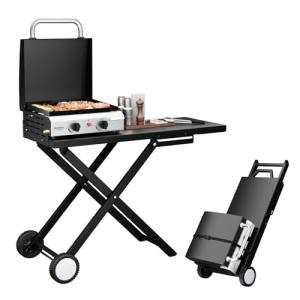 ROVSUN 2 Burner Foldable Propane Griddle with Wheels, Enameled Tray & Lid, 20000 BTU Portable Rolling Flat Top Gas Grill with Electronic Ignition & Regulator for Outdoor Cooking Camping BBQ Tailgating