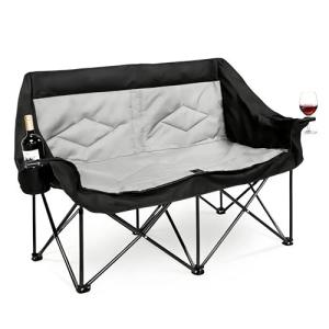 VEVOR Double Camping Chair, Oversized Two Person Camp Chair with 660 lbs Heavy Duty Support, with Dual Cup Holders, Wine Glass Holders, Magazine Straps, Carry Bags for Outdoor, Beach, 1 Pack