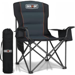 Overmont Oversized Folding Camping Chair - 450lbs Support with Padded Cushion Cooler Pockets - Heavy Duty Collapsible Chairs for Sports Garden Beach Fishing Black