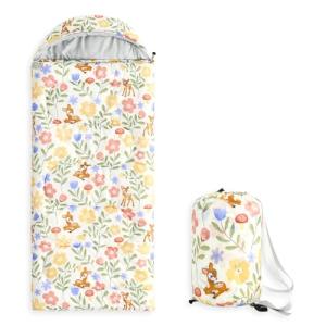Wake In Cloud - Kids Sleeping Bag for Girls Toddlers, Camping in Warm Cold Weather, Backpacking Lightweight Compact Outdoor Liner for 3 Seasons, Deer Floral Garden, Cream