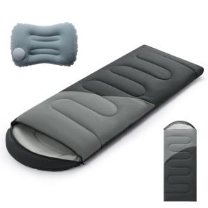 3-4 Season Sleeping Bag with Inflatable Pillow, Water-Resistant Taffeta, Windproof, Breathable Foot Zippers, Soft Brushed Inner, Foldable for Camping, Travel, Hiking & Home Use(Dark Grey)