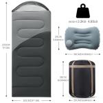 3-4 Season Sleeping Bag with Inflatable Pillow, Water-Resistant Taffeta, Windproof, Breathable Foot Zippers, Soft Brushed Inner, Foldable for Camping, Travel, Hiking & Home Use(Dark Grey)