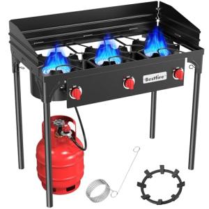 BSETFIRE 3 Burner Camping Stove, 225,000 BTU Propane Stove with Detachable Windscreen, 20 PSIG Regulator & Removable Legs for Outdoor Cooking, Canning & BBQ