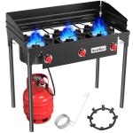 BSETFIRE 3 Burner Camping Stove, 225,000 BTU Propane Stove with Detachable Windscreen, 20 PSIG Regulator & Removable Legs for Outdoor Cooking, Canning & BBQ