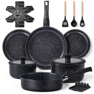 Ammeloo 21 Pcs Pots and Pans Set Non Stick, Ceramic Kitchen Cookware Set with Detachable Handle, Non Toxic Cooking Set for Kitchen, RV, Camping and Fridge, Induction Ready, Dishwasher/Oven Safe, Black