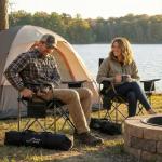 FAIR WIND Oversized Fully Padded Camping Chair with Lumbar Support, Heavy Duty Quad Fold Chair with Cooler Bag, Support 450 LBS, Black