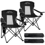 SAILARY 2PCS Collapsible Folding Camping Chairs Heavy Duty Lawn Foldable Chair with Cooler Bag, Storage Pocket, Waterproof Bag Outdoor Arm Sport Chair, Supports 325LBS, Black