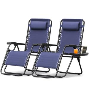 Homall Zero Gravity Chair Patio Folding Lawn Outdoor Lounge Gravity Camp Reclining Lounge Chair with Cup Holder Pillows for Poolside Backyard and Beach Set of 2 (Blue)