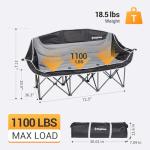 KingCamp 3 Person Camping Chair, Oversized 660lbs Heavy Duty Loveseat for Adults Portable Folding XL 2 Person Couch Padded Comfortable Three Seat with Cup Holder for Outdoor Lawn Backyard, Black/Grey