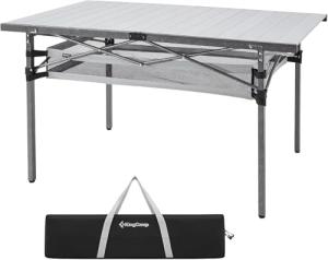 KingCamp Spacious Tabletop Area Aluminum Compact Roll 4-6 Person Stable Adjustable Feet Table with Carry Bag for Outdoor Camp Picnic, Black/Siver_53.5"×27.5" with Storage Layer