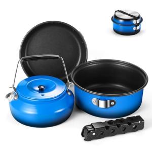 Odoland 5pcs Camping Cookware Non-Stick Camping Pot and Pan Set with Kettle and Removable Handle for Hiking Backpacking and Picnic(Blue)