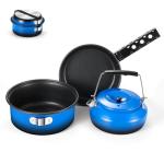 Odoland 5pcs Camping Cookware Non-Stick Camping Pot and Pan Set with Kettle and Removable Handle for Hiking Backpacking and Picnic(Blue)