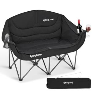 KingCamp Double Camping Chair, Oversized Heavy Duty 660lbs Loveseat for Adults Portable Folding XL 2 Person Couch Padded Comfortable Two Seat with Cup Holder for Outdoor Lawn Backyard, Black