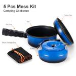 Odoland 5pcs Camping Cookware Non-Stick Camping Pot and Pan Set with Kettle and Removable Handle for Hiking Backpacking and Picnic(Blue)
