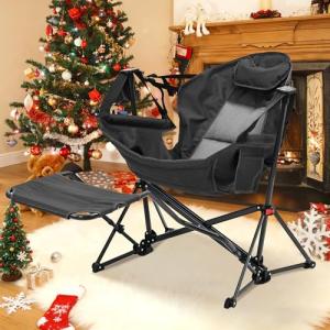 GDY Camping Chairs, Oversized Hammock, Folding Rocking Chairs, Adjustable Back Swing Chairs, Cup Holder, Outdoor Beach Lawn, Black