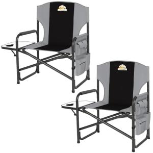 Colegence Oversized Directors Camping Chair Set of 2 Support 600 LBS, Heavy Duty Folding Outdoor Chairs with Detachable Side Pocket and Adjustable Side Table for Outside Beach,Lawn,Fishing (Black)