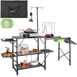 VEVOR Camping Kitchen Table with Sink, Aluminum Folding Portable Outdoor Cook Station, 2 Shelves & Carrying Bag for Picnic BBQ Beach Traveling