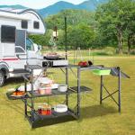 VEVOR Camping Kitchen Table with Sink, Aluminum Folding Portable Outdoor Cook Station, 2 Shelves & Carrying Bag for Picnic BBQ Beach Traveling
