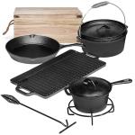 Bruntmor Camping Cooking Set Of 7. Pre Seasoned Cast Iron Pots And Pans Dutch Oven With Lids For Outdoor Comefire. Grill Cookware Skillet Sets With Storage Box