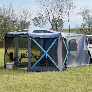 JOYTUTUS Dual-Use Pop up SUV Tent for Camping, 11FT x 11FT Big Space 2 Rooms Car Tent for Family, Outdoor Gazebo with 4 Sides Screen, 2 Doors, Portable Carry Bag, Gray Blue