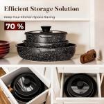 Kitchen Academy Detachable Handle Induction Cookware Sets - 10 Piece Non-stick Cooking Pots and Pans, Black Granite Stackable RV Cookware for Camp