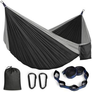 MOSFiATA Camping Hammock, Heavy Duty up to 700lbs with 2 Tree Straps and Attached Carry Bag Portable Outdoor Hammock for Backpacking Hiking Travel,Beach（Black Grey