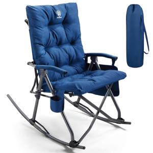 EVER ADVANCED Oversized Folding Rocking Camping Chair, Padded Portable Rocker Chair for Patio, Lawn and Outdoors, Heavy Duty Hard Armchair for Adults Supports 400lbs, Blue