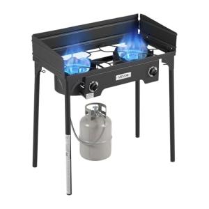 VEVOR 2 Burner Outdoor Propane Gas Stove, 150,000 BTU Propane LPG Gas Camping Stove, Heavy Duty Carbon Steel Outdoor Cooker, with Shield & Tall Stand & PSI Regulator, for BBQ Camp Home Patio Backyard